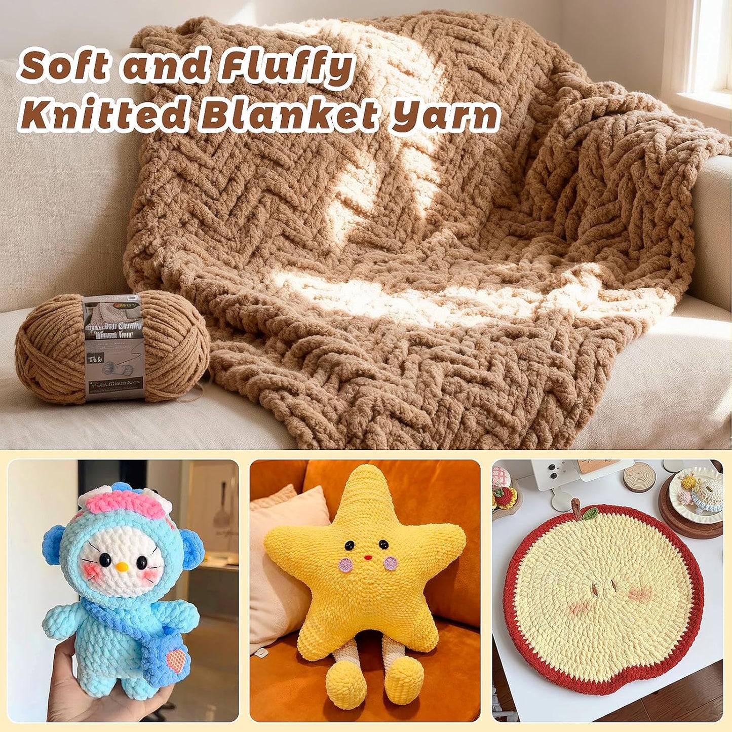 Velvet Chenille Yarn for Crocheting Super Bulky - 1 Skein of 200g/7oz - Ultra Soft Baby Blanket Chunky Plush Yarn for Knitting Amigurumi Crochet Thick Blankets (76.6 yds)(1, Pure Yellow)