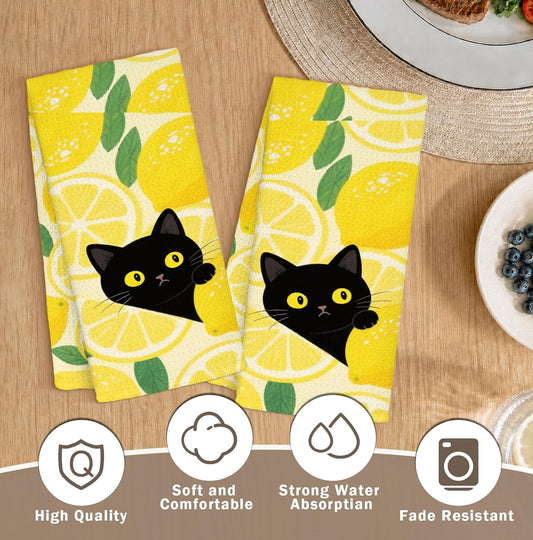 YPZBSJB Yellow Lemon Black Cat Kitchen Towels Set of 2, Farmhouse Summer Fruit Decorative Hand Towels for Bathroom, Cat Lovers Mom Gifts Dish Tea Towel for Kitchen, 16x24 Inch