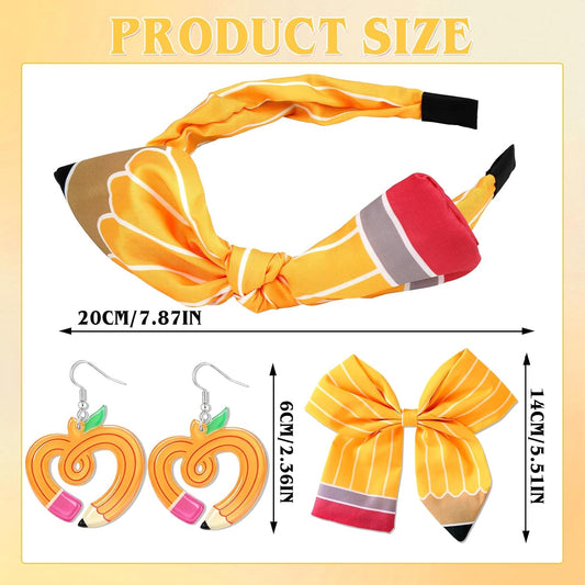 3Pcs Back to School Outfits Headbands,Hair Bows Accessories for Girls,Pencil Bows Clips Headband,Back to School Hair Accessories First Day of School Gifts for Students(Yellow)