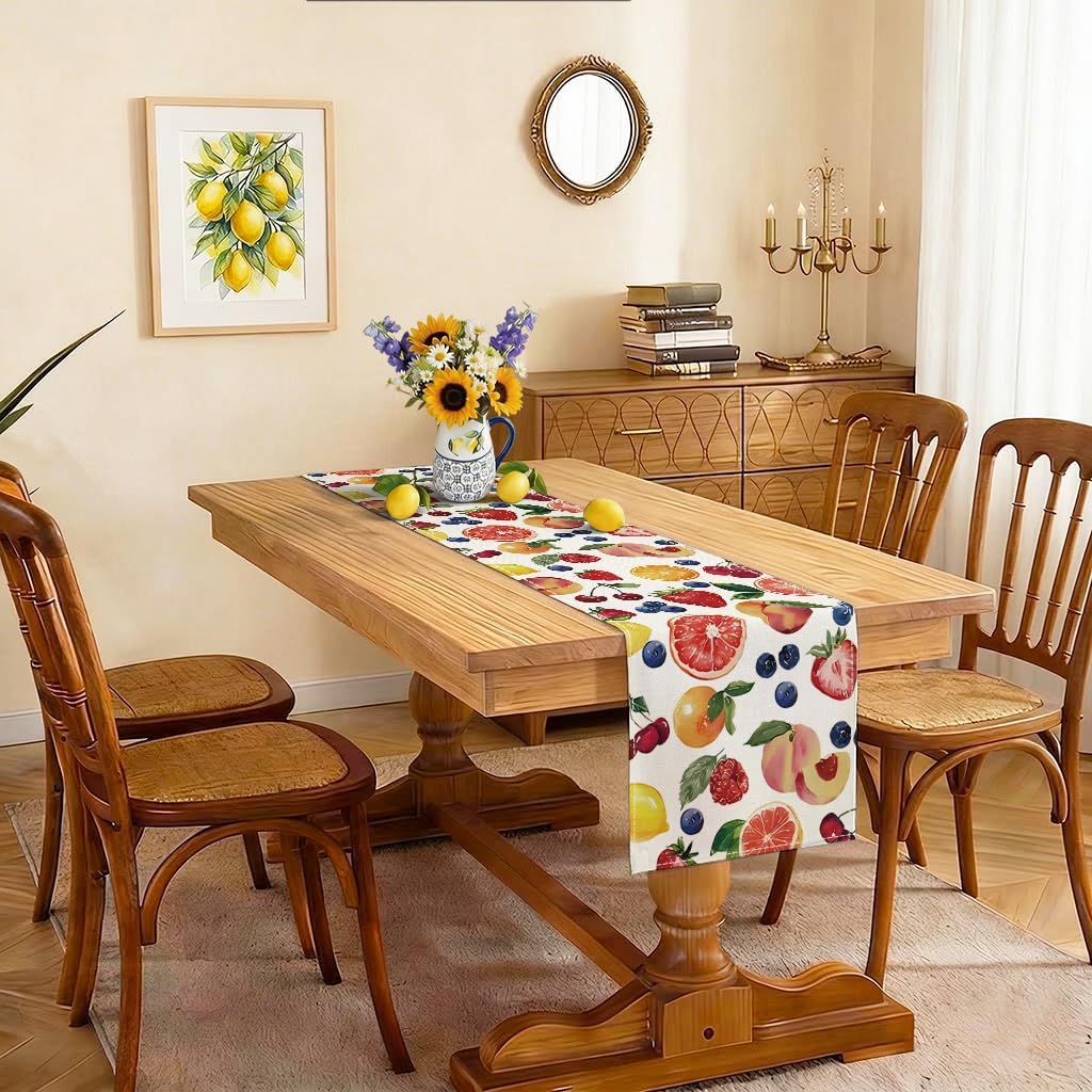 Summer Strawberry Blueberry Cherry Orange Fruits Summer Table Runner, Seasonal Spring Summer Lemon Indoor Outdoor Home Decor Party Supply (13 x 36 inch)