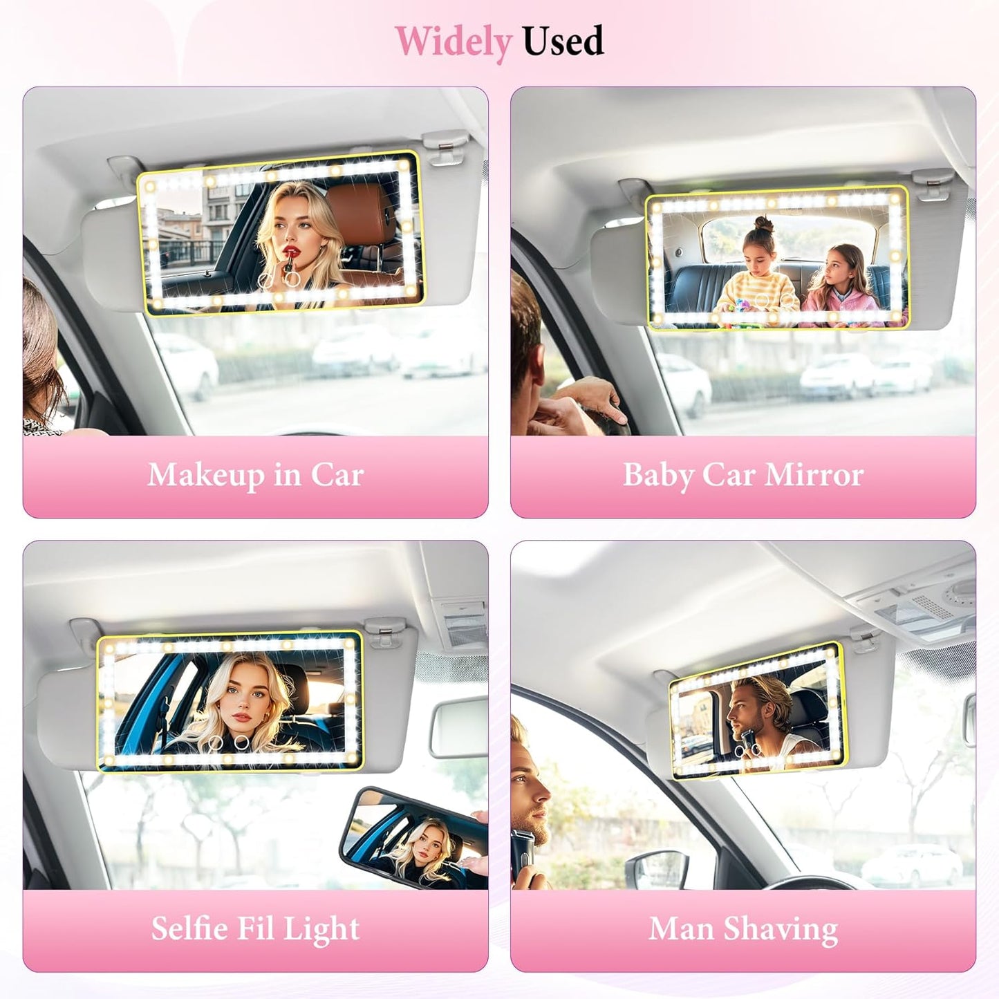 Car Sun Visor Vanity Mirror - Rechargeable Makeup Mirror with 60 LEDs, 3 Light Modes & Dimmable Touch Control for Cars, Trucks, SUVs, Car Interior Accessories for Women (Yellow)