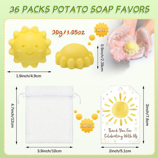36 Set Sun Soaps Baby Shower Favors Here Comes The Sun Gifts Mini Handmade Soaps with Paper Tags and Organza Bag for Gender Reveal Birthday Wedding Sunshine Party Decor(Yellow)