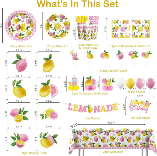 205pcs Pink Lemonade Party Decorations-Serves 25, All-in-one Lemon Party Decorations with 350gsm Plate , Cake Topper, Tablecloth, Centerpiece, Banner, Balloon