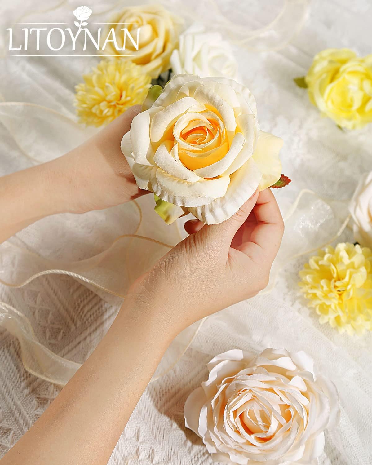 Artificial Flower Combo Flowers Exquisite Yellow Flower Box Set for DIY Bouquets Centerpieces Floral Arrangements, Multi Use Wedding Party Home Decorations Faux Flowers(Yellow & Peach )