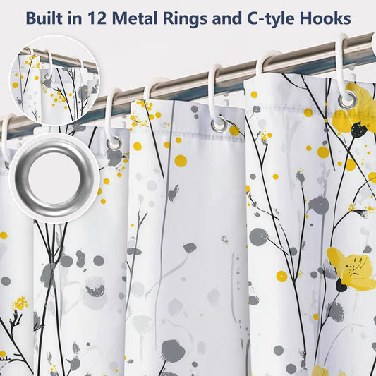 71β³ xβ―74β³ Watercolor Botanical Floral Shower Curtain with Hooks β Yellow & Grey Flower Print Waterproof Fabric Bath Tub Curtain for Farmhouse, Contemporary Style Barthroom Decor