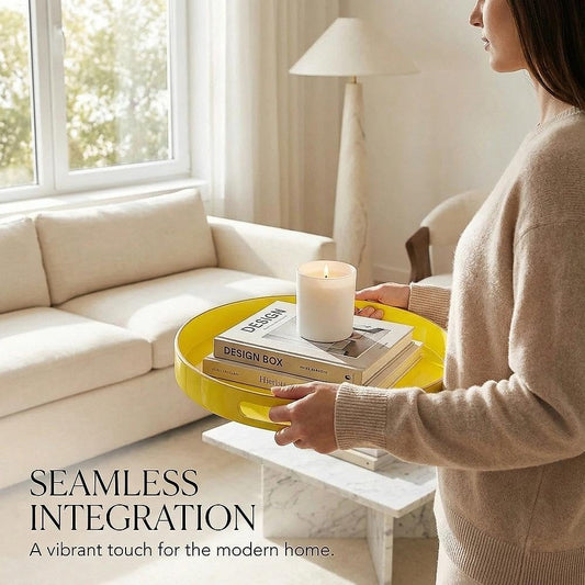 Decorative Tray, Round Plastic Tray with Handles, Modern Vanity Tray and Serving Tray for Ottoman, Coffee Table, Kitchen and Bathroom, Size 13” (Light Yellow)
