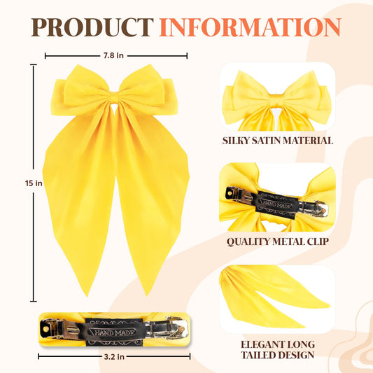 Silky Satin Hair Bows, Oversized Long Tail Bows with Barrette Clips, Coquette Hair Accessories for Women and Girls (Bright Yellow 3Pk)
