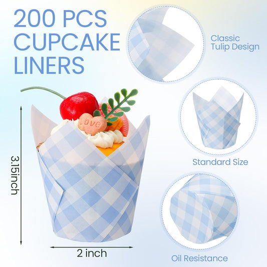 200 Pcs Blue Gingham Tulip Cupcake Liners for Baking Plaid Paper Muffin Baking Cups Checkered Tulip Muffin Liners Wrappers for Bridal Baby Shower Wedding Birthday Party Decor