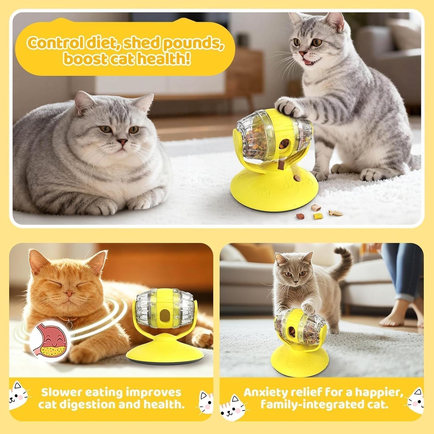 Interactive Cat Treats Dispenser Toy, Puzzle Feeder Food Dispenser, Kitty Interactive Enrichment Toys, Dispensing Foods Slow Feeder National Pet Day Gifts for Cats IQ Training, Yellow