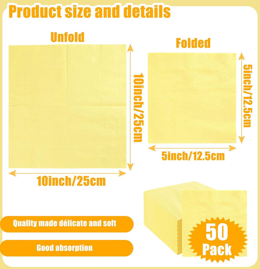 50 Pieces 3-ply Light Yellow Napkins Disposable Folded 5 x 5 Inches Cocktail Napkins Paper Napkins for Dinner Wedding Birthday Party Yellow Dessert Napkins
