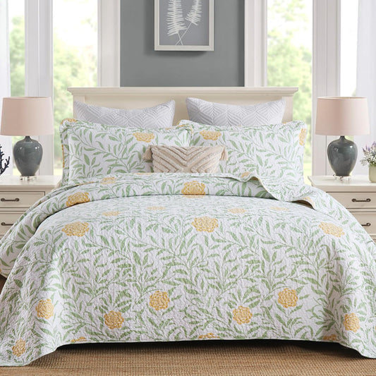 Queen Comforter Set for Bed Floral Quilt Queen size-100% Cotton Yellow,Green,sage Bedspreads (90 * 98 Inch) with 2 Pillow Shams, Lightweight Garden Bedding Spring and Summer Style