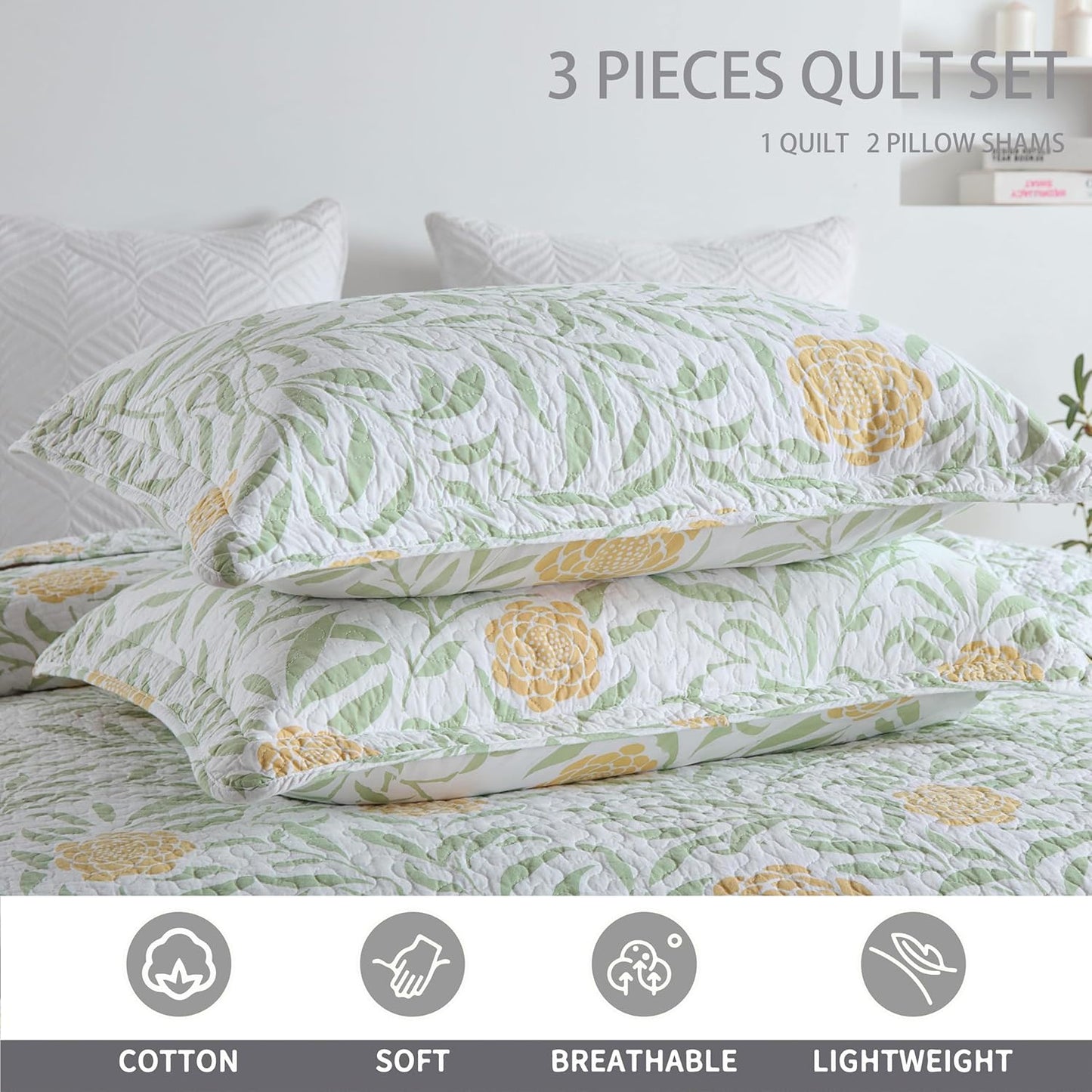 Queen Comforter Set for Bed Floral Quilt Queen size-100% Cotton Yellow,Green,sage Bedspreads (90 * 98 Inch) with 2 Pillow Shams, Lightweight Garden Bedding Spring and Summer Style