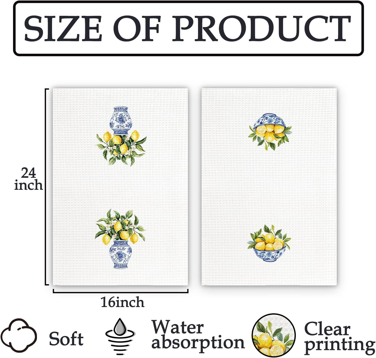 Chinoiserie Decor Lemon Kitchen Towels Set of 2 - Blue White Porcelain Dish Towels, Yellow Lemon Decorative Hand Towel for Bathroom Kitchen, LemonKitchen Decor and Accessories(16x24 Inch)