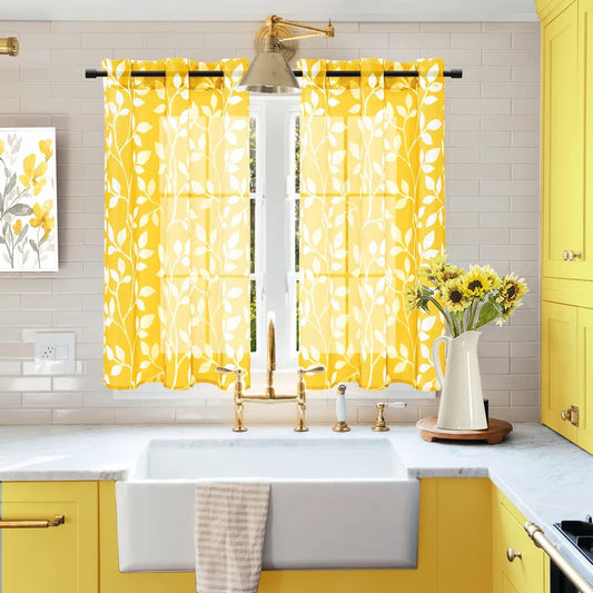 XTMYI Yellow Kitchen Curtains for Window,Decorative Sheer Leaf Spring Floral Pattern Design Small Short Sunflower Curtains for Bathroom Accessories Lemon Decor,36 x 48 Inch Length