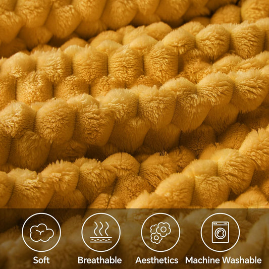 Fleece Blanket - 3D Jacquard Decorative Mustard Yellow Throw Blankets for Couch & Bed, Soft and Cozy Warm Plush Fluffy Blanket All Seasons Suitable, 50x60Inches