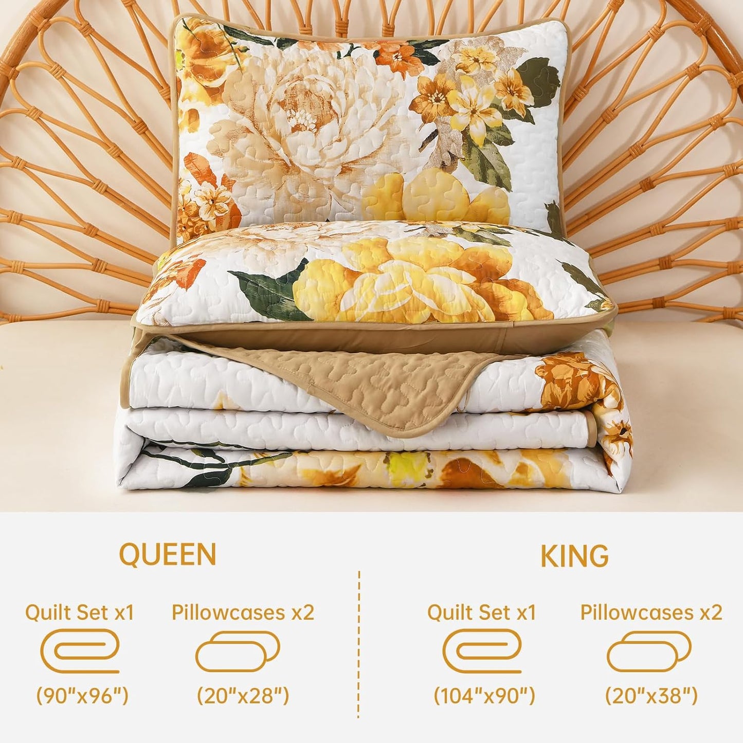 Floral Quilt Set Yellow Queen,Quilted Printed Lightweight Bedspread Bedding Set for All Season,3 Pieces Reversible Botanical Plant Coverlet Set with 2 Pillow Shams
