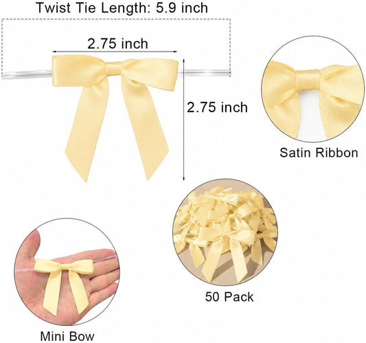 50 Pack Satin Twist Tie Bows, 2.75 Inch Pre-Tied Mini Ribbon Bows for Gift Bags, Treat Bags, Party Favor Bags and Small Gift Packaging (Yellow)