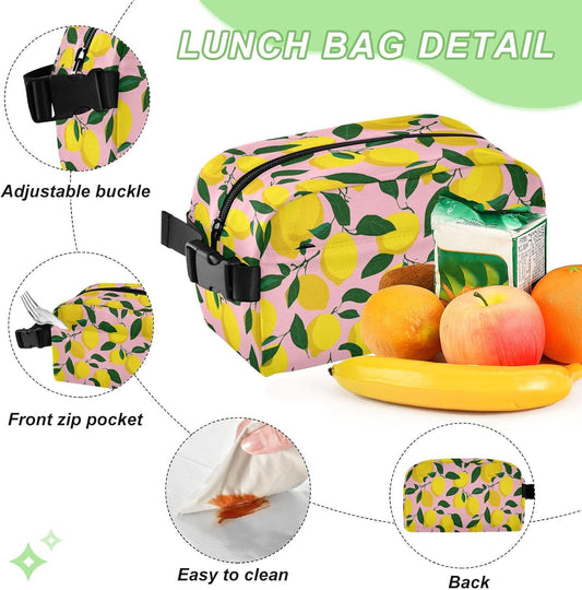 Light Pink Bg Yellow Lemon Lunch Bag Small Insulated Cooler Bag Mini Lunch Box with Zipper Pocket&Buckle, Portable Freezable Snack Pouch Meal Tote Bags with Handle for Work/Travel/School