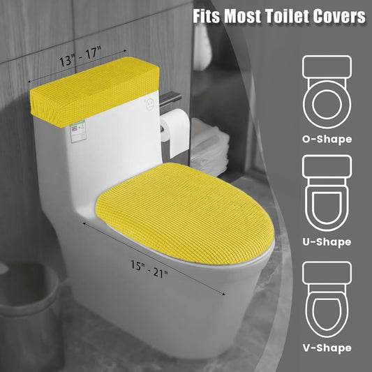 Toilet Lid Cover and Toilet Tank Cover Stretch Toilet Covers Set for Bathroom, Polyester Spandex Jacquard Fabric, Machine Washable, with Elastic Bottom, Yellow
