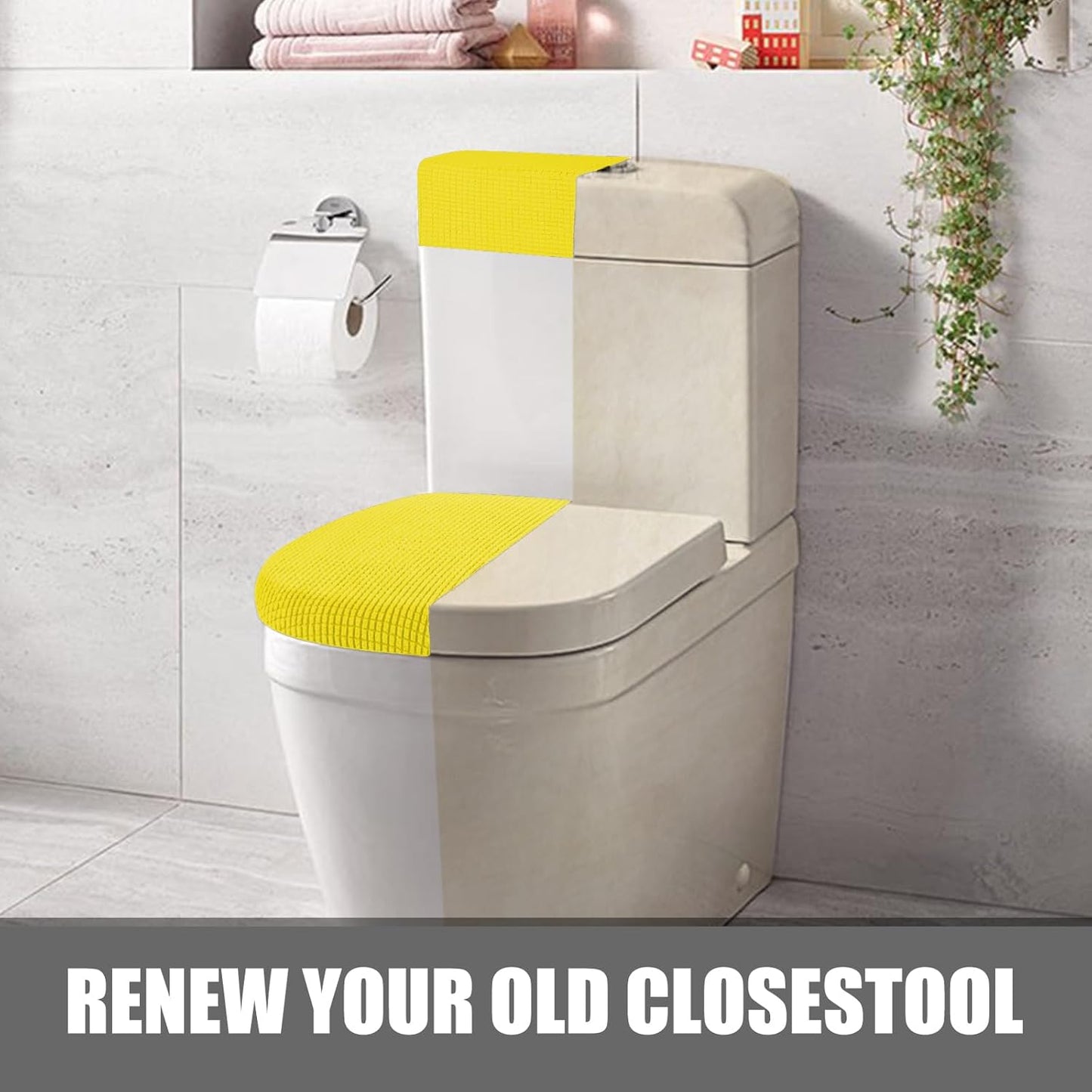 Toilet Lid Cover and Toilet Tank Cover Stretch Toilet Covers Set for Bathroom, Polyester Spandex Jacquard Fabric, Machine Washable, with Elastic Bottom, Yellow