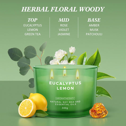 Eucalyptus Lemon Candles for Home Scented, 12oz Large Scented Candles for Women Men, Natural Soy Aromatherapy Candle, 70 Hours Long Burning Amber Jar Candle Gifts for Mom, Dad, Her, Wife