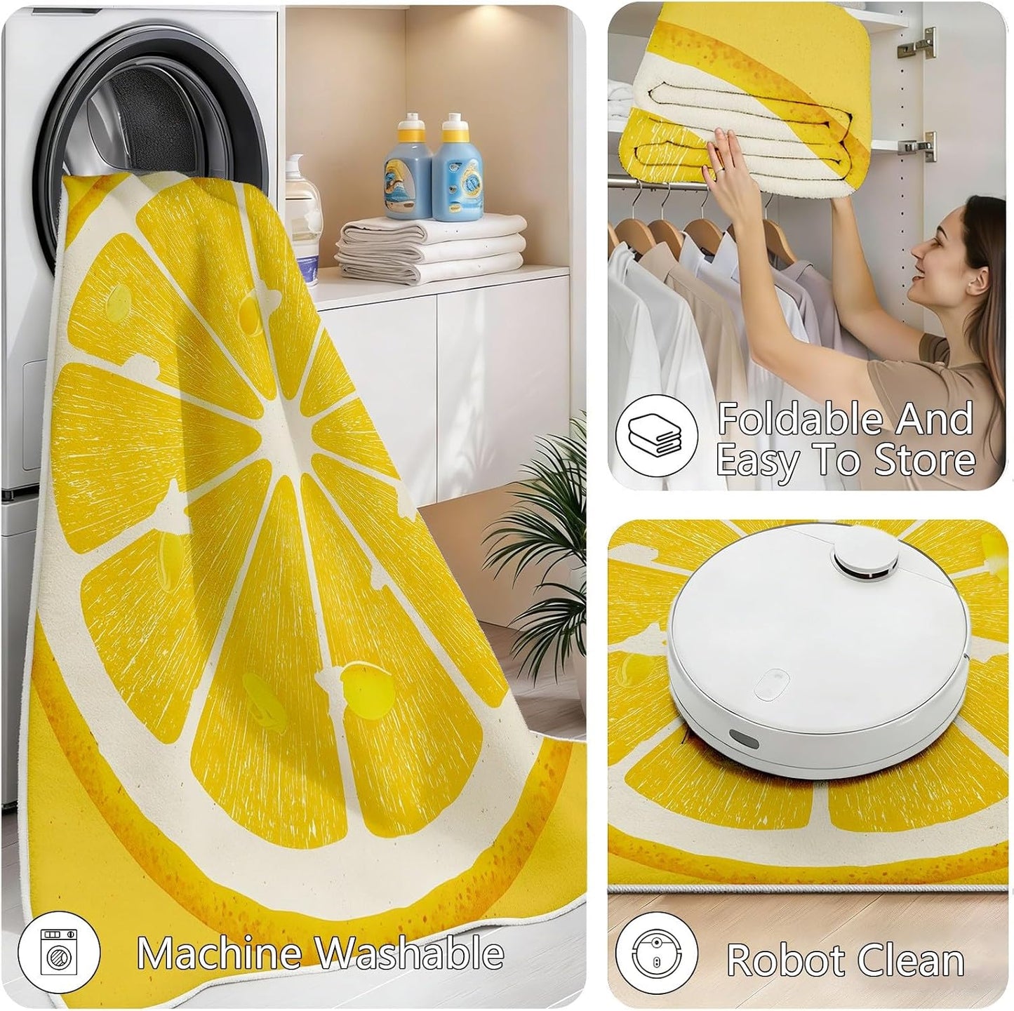 Lemon Round Rug 4ft, Yellow Fruit Circle Area Rug, Washable Non Slip Low Pile Carpet for Boys Girls Bedroom, Playroom, Nursery, Living Room, Cute Lemon Slice Floor Mat Soft Indoor Home Decor