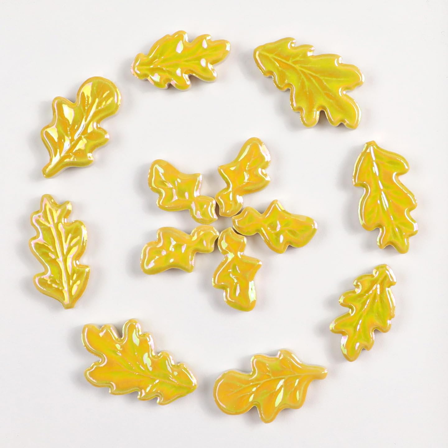 Wavy Leaf-Shaped Ceramic Mosaic Tiles,500g/1.1lb Ceramic Mosaic Pieces for Home Decoration or DIY Crafts,Mosaic Puzzle or Mosaic Making Supplies. (Iridescent Yellow)