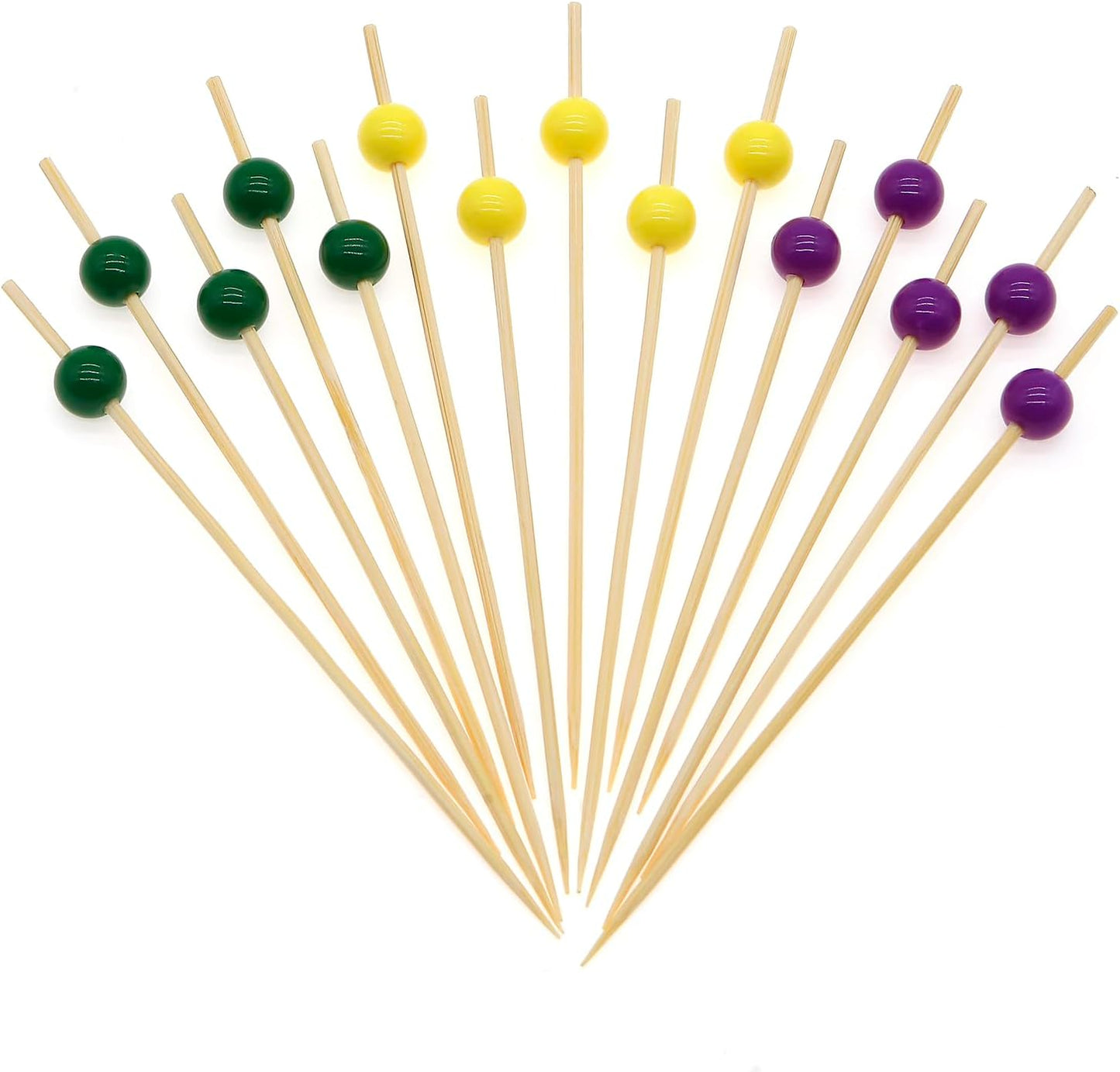 Yellow Pearl Cocktail Picks, 4.7 Inch Long Bamboo Fancy Toothpicks for Appetizers, Decorative Mardi Gras Carnival Party Food Drink Garnish Fruit Kabob Skewer Sticks 100 Counts - MSL451