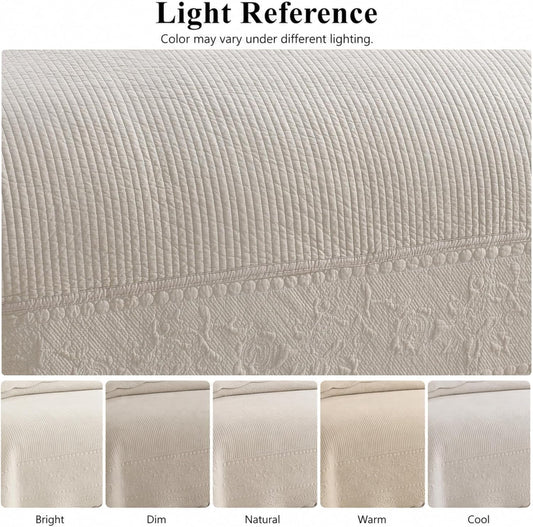 3-Piece 100% Cotton Oversized Bedspread Lightweight Quilt Coverlet Embroidery Farmhouse Bedding Set (TG Light Yellow Beige, Oversized King (118"x106"))