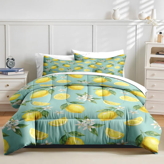 Comforter Set Full Size, Lemon Watercolor Summer 7 Pcs Bedding for Kids and Adults, Citrus Floral Bed Sheet Sets with Fitted Sheet 2 Pillowcases & 2 Shams for Bedroom Bed Decor