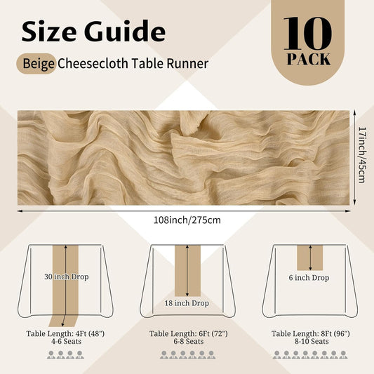 10 Pack Light Yellow Cheesecloth Table Runner 17x108 Inch Semi Sheer Boho Gauze Cheese Cloth Table Runners, for Wedding Bridal Shower Birthday Party Home Decor Garden Farmhouse