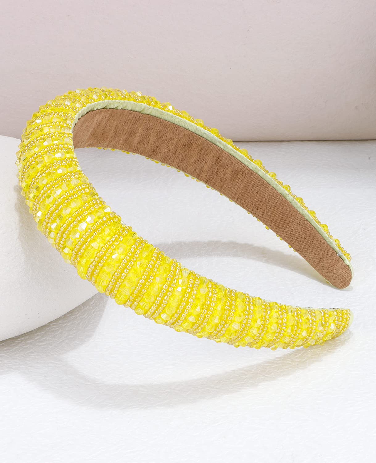 Wecoe Yellow Headband Fashion Rhinestone Padded Headband Women Cute Fancy Bling Diamond Sparkle Crystal Beaded Hairband Homecoming Prom Holiday Hair Accessories For Women Girls Birthday Gifts