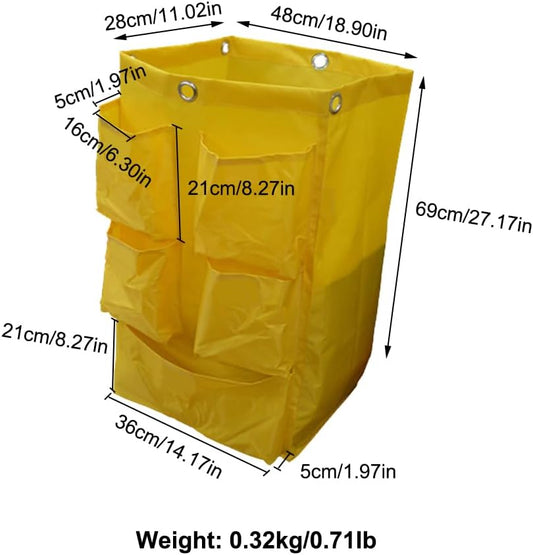 Replacement Janitorial Cart Bag with 5 Pockets, 18.90 * 11.02 * 27.17in Housekeeping cart Bag High Capacity Waterproof Thickened Commercial Janitorial Cleaning Cart Bag with 6 Brass Grommets