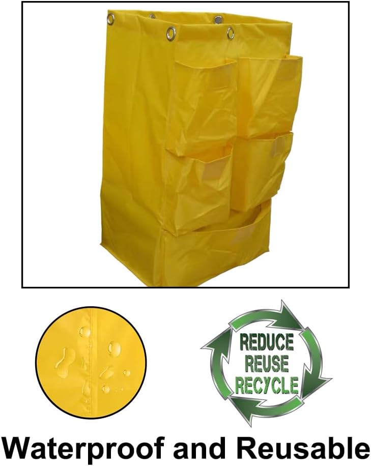 Replacement Janitorial Cart Bag with 5 Pockets, 18.90 * 11.02 * 27.17in Housekeeping cart Bag High Capacity Waterproof Thickened Commercial Janitorial Cleaning Cart Bag with 6 Brass Grommets