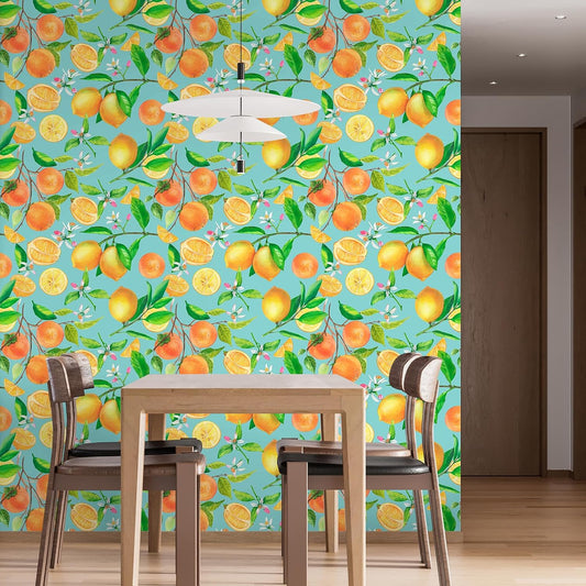 Aqua Blue Watercolor Citrus Peel and Stick Wallpaper 17.7βx236β Summer Fresh Orange Lemon Fruits Wallpaper Removable Self Adhesive Decorative Contact Paper for Cabinets Walls Classroom