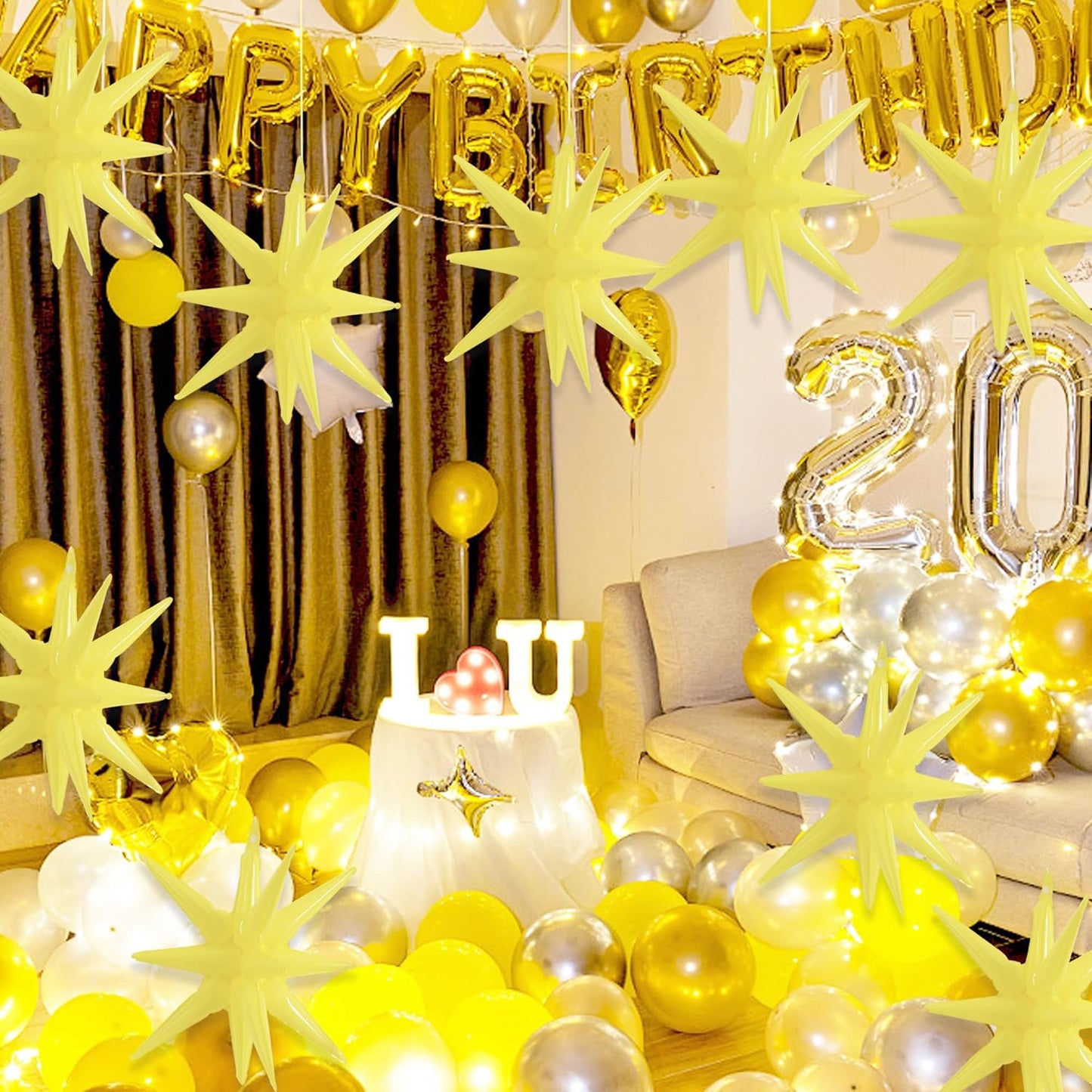 4 Pcs Explosion Star Balloons Pastel Yellow Foil Party Balloon | Large Mylar Star Balloon for Sunflower Girls’ Birthday Bridal Shower Baby Shower Spring Lemon Garden Picnic Party Supplies