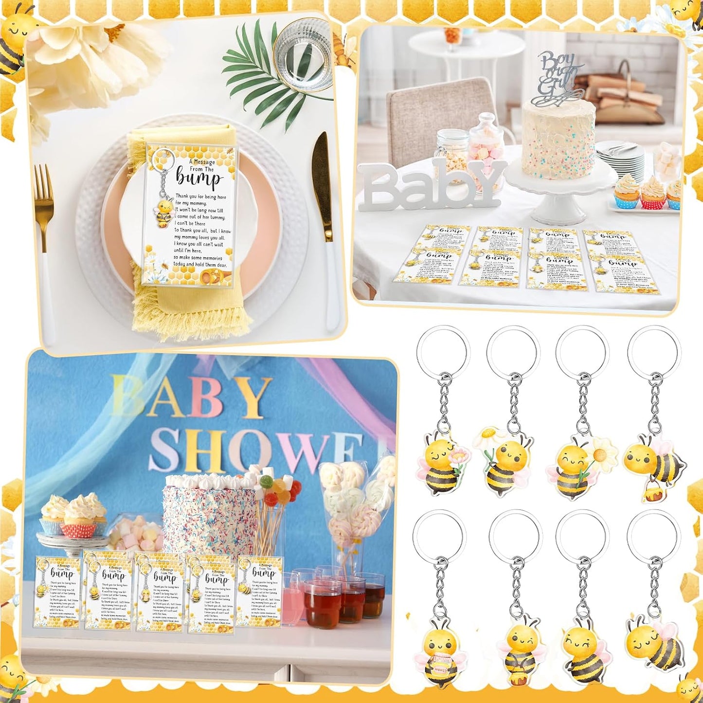 25 Sets Bee Themed Baby Shower Party Favors for Guest 25 Acrylic Keychains 25 Thank You Cards for Baby Gender Reveal Party(Light Yellow)