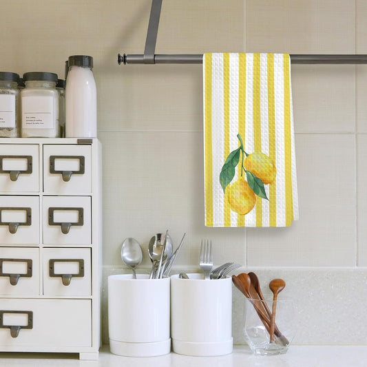 Yellow Cute Kitchen Towels β Lemon Branch on Yellow Stripes Polyester, Fresh Fruit Art, Decorative Kitchen Towels & Giftable Housewarming Gifts for Coffee Bar, Tea Room. 16"x24"(222)