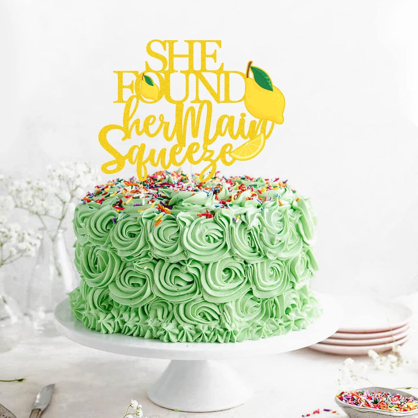She Found Her Main Squeeze Cake Topper,Lemon Bride Shower Cake Decorations Lemon Smash Cake Picks for Bride Shower,Lemon Wedding,Bachelorette, Engagement Party Supplies, Gold