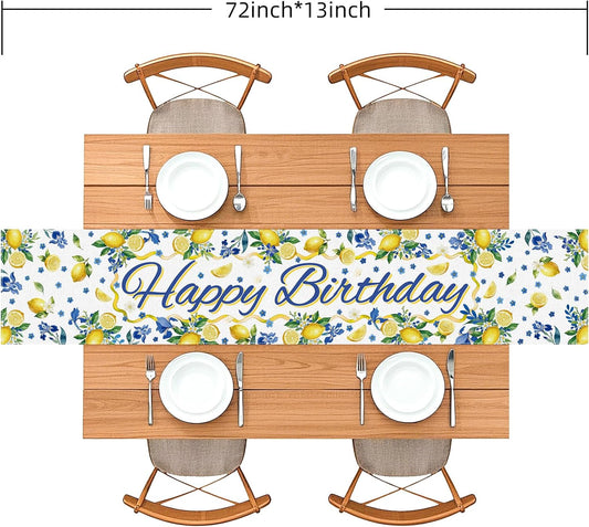 Happy Birthday Lemon Floral Table Runner, 72x13 inch | Lemon & Blue Floral Print, Birthday Party Decor, Watercolor Design, Dining Table Accent, Fruit Theme