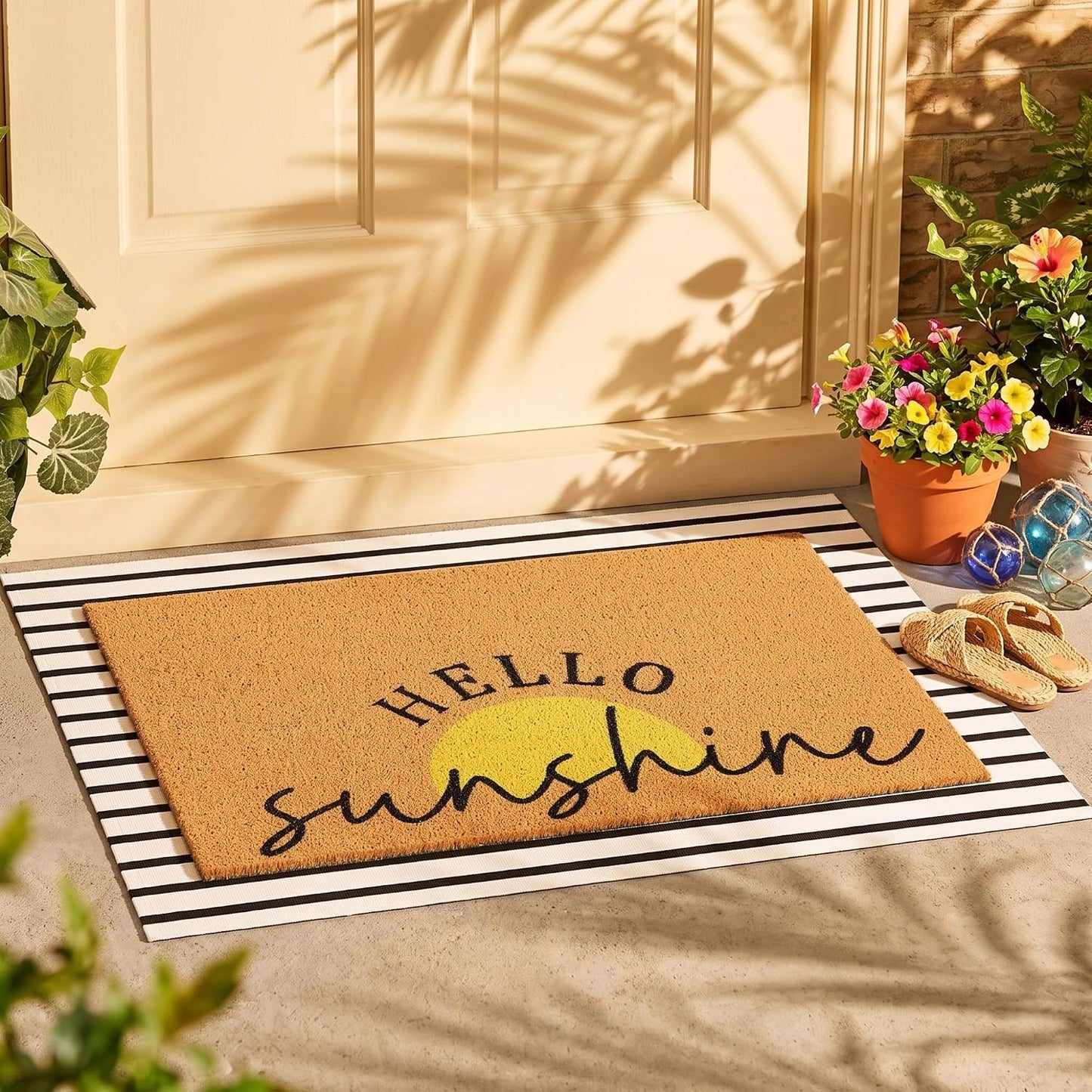 2 Pcs Summer Sunshine Door Mat Yellow Welcome Non Slip Coir Mats Stripe Floor Layering Doormats Seasonal for Front Porch Entryway Decor(Sunshine)