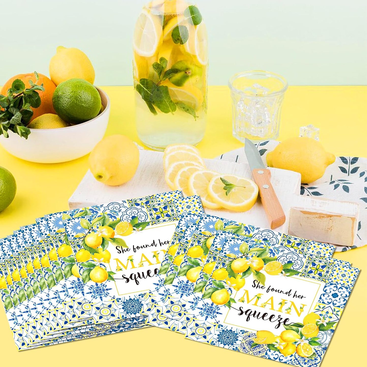 40Pcs Tiles Lemon Paper Napkins She Found Her Main Squeeze Pattern Theme Party Supplies Tableware Blue and White Porcelain Lemon Dinner Napkins for Theme Party Decorations,6.5" x 6.5"