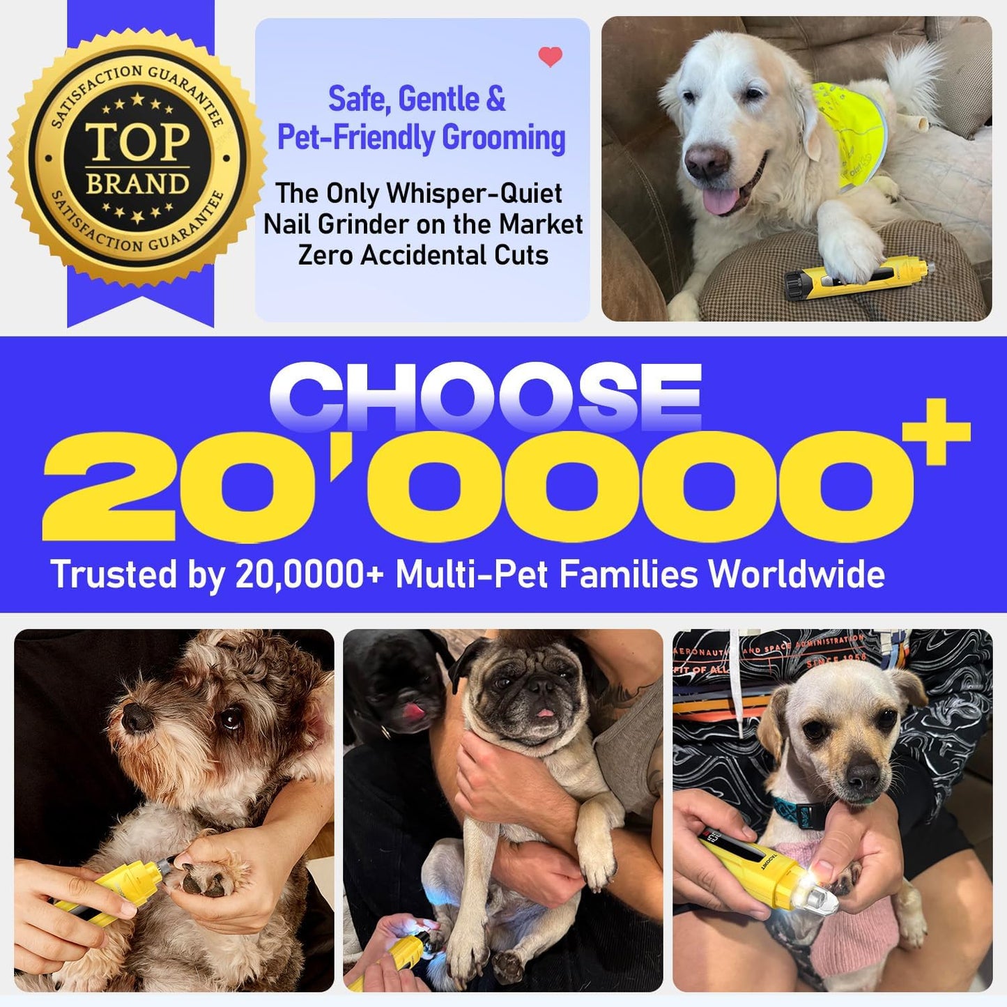 Whisper-Quiet Dog Nail Grinder 50% More Powerful for Sensitive Dogs,Cats | 6-Speed Pet Nail Trimmer with LED Display & 4 LED Lights, 3 Grinding Bits, No Over-Cutting,Stress-Free Grooming for All Pets