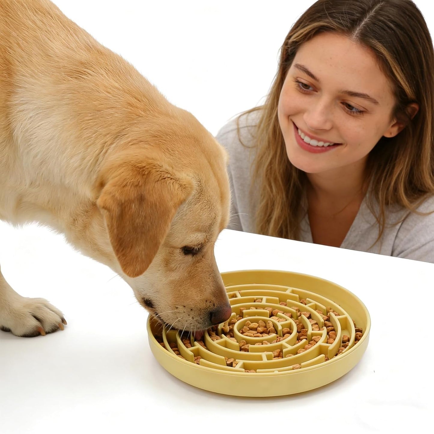 Silicone Slow Feeder Dog Bowls, with Non-Slip Suction Cups, Anti-Choking, Puppy Puzzle Bowl, Slows Down Eating Speed, Relieves Anxiety, Suitable for S&M Sized Dogs and Cats(Yellow