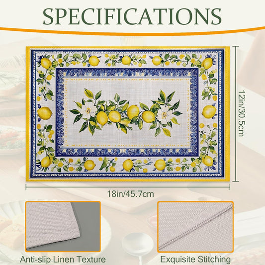 Lemon Branches Fabric Placemats,Vintage Rustic Country Table Placemats Set of 6 Cloth Place Mats, Washable Heat-Resistant Table Mats for Home Kitchen Dining Room Decoration 11.8x17.7 Inch