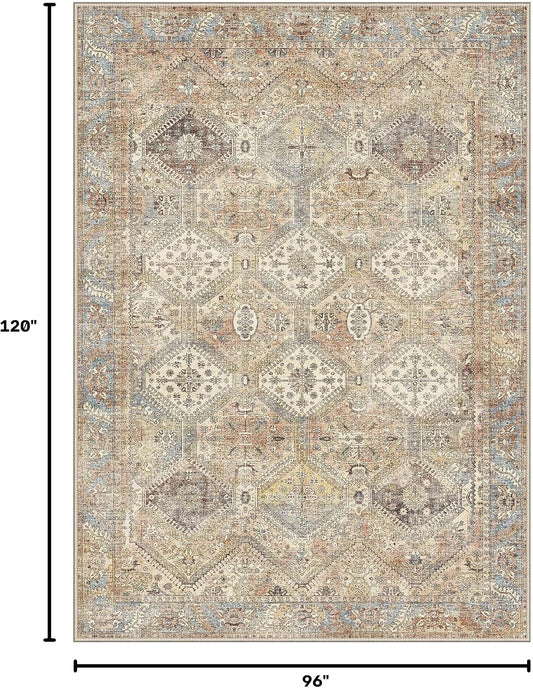 8x10 Area Rug Washable Rug for Living Room Bedroom, Vintage Print Carpet, Low Pile Lightweight Mat with Non Slip Backing, Pale Warm Yellow