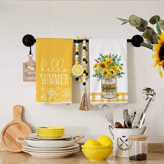 Sunflower Hello Summer Kitchen Towels Dish Towels Set of 2,Yellow Vase Floral Hand Towels 18x26 Inch Drying Dishcloth,Farmhouse Home Seasonal Holiday Summer Decorations AD317