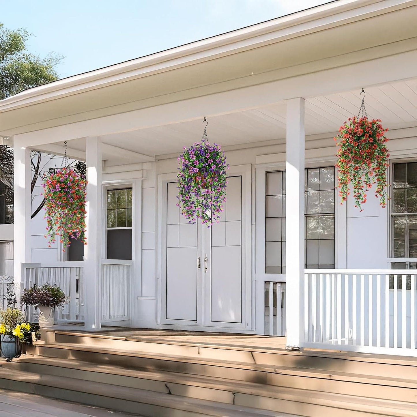 INQCMY Artificial Fake Hanging Flowers Plants for Outdoor Summer Decoration | 2 PCS Faux Silk Daisy with Eucalyptus Leaves,UV Resistant Look Real for Outside Home Planter Porch Patio Balcony Yard Decor