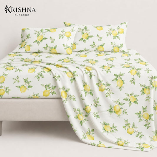 4 Piece Printed Sheets Set, Hotel Luxury Brushed Microfiber, Soft & Breathable, 12" Deep Pocket Fitted Sheet, Queen Size Sheet Set, Lemon