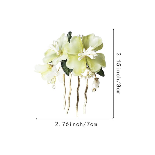 Handmade Floral Hair Pins, Yellow Jade Flower with Pearl Accents, Traditional Chinese Wedding Hair Accessories